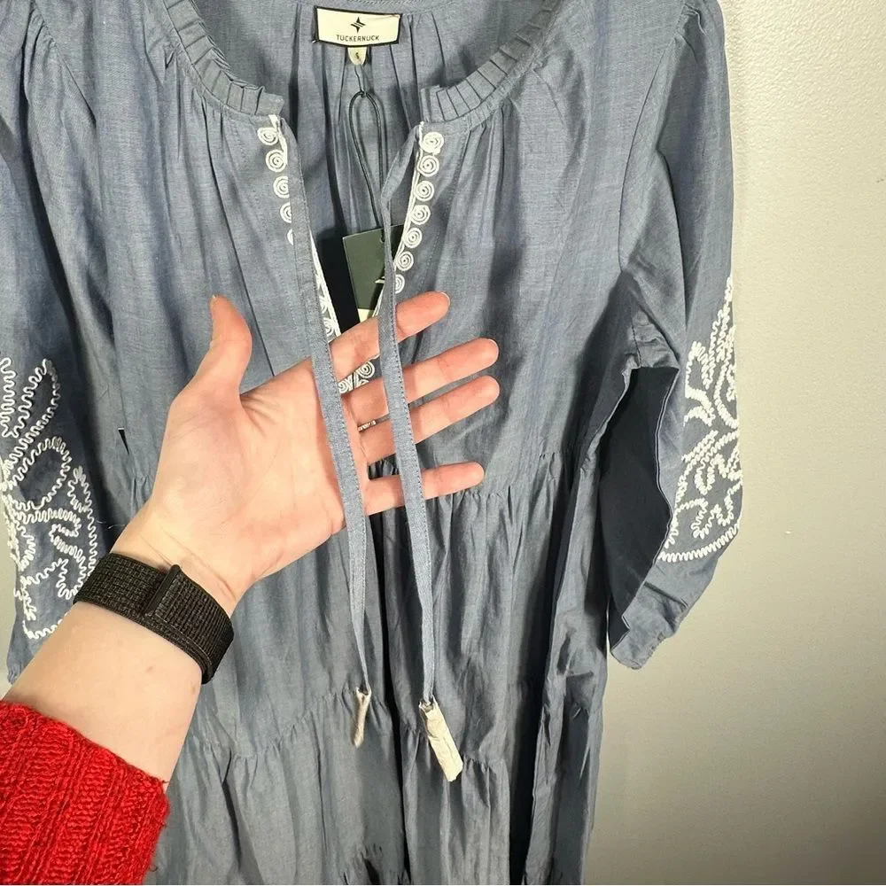Tuckernuck Cotton Chambray Embroidered Salty Paloma Caftan Dress NWT Size Small - Picture 5 of 16